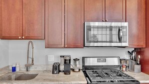 Fridge, microwave, oven, stovetop