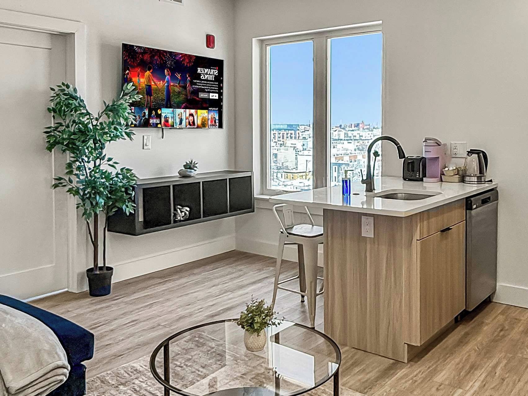 A modern kitchen with a built-in dishwasher, a large window with a city view, a flat-screen TV mounted on the wall, and a potted plant.