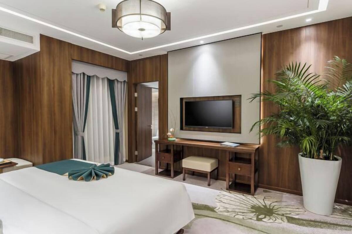 A hotel room with a bed, a desk with a chair, a television, and a large potted plant.