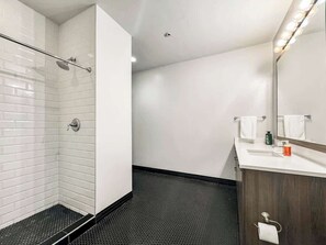 Shower, hair dryer, shampoo