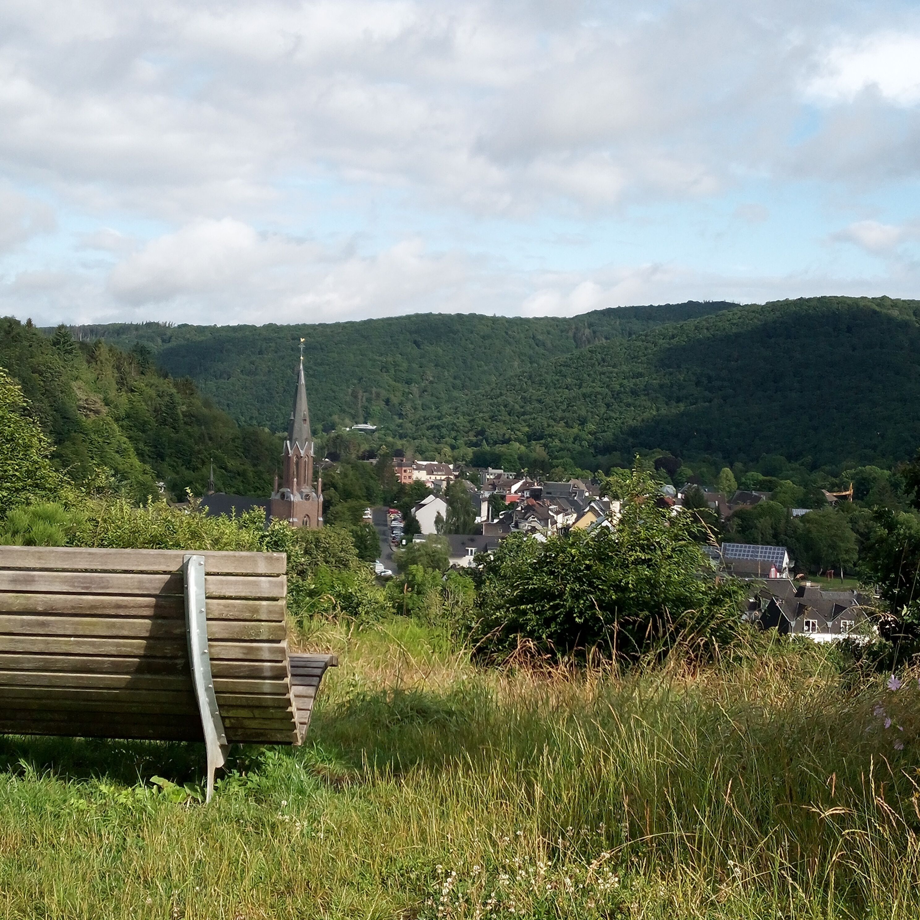A view of a town with a church spire, surrounded by greenery and hills.