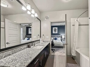 Shower, hair dryer, shampoo