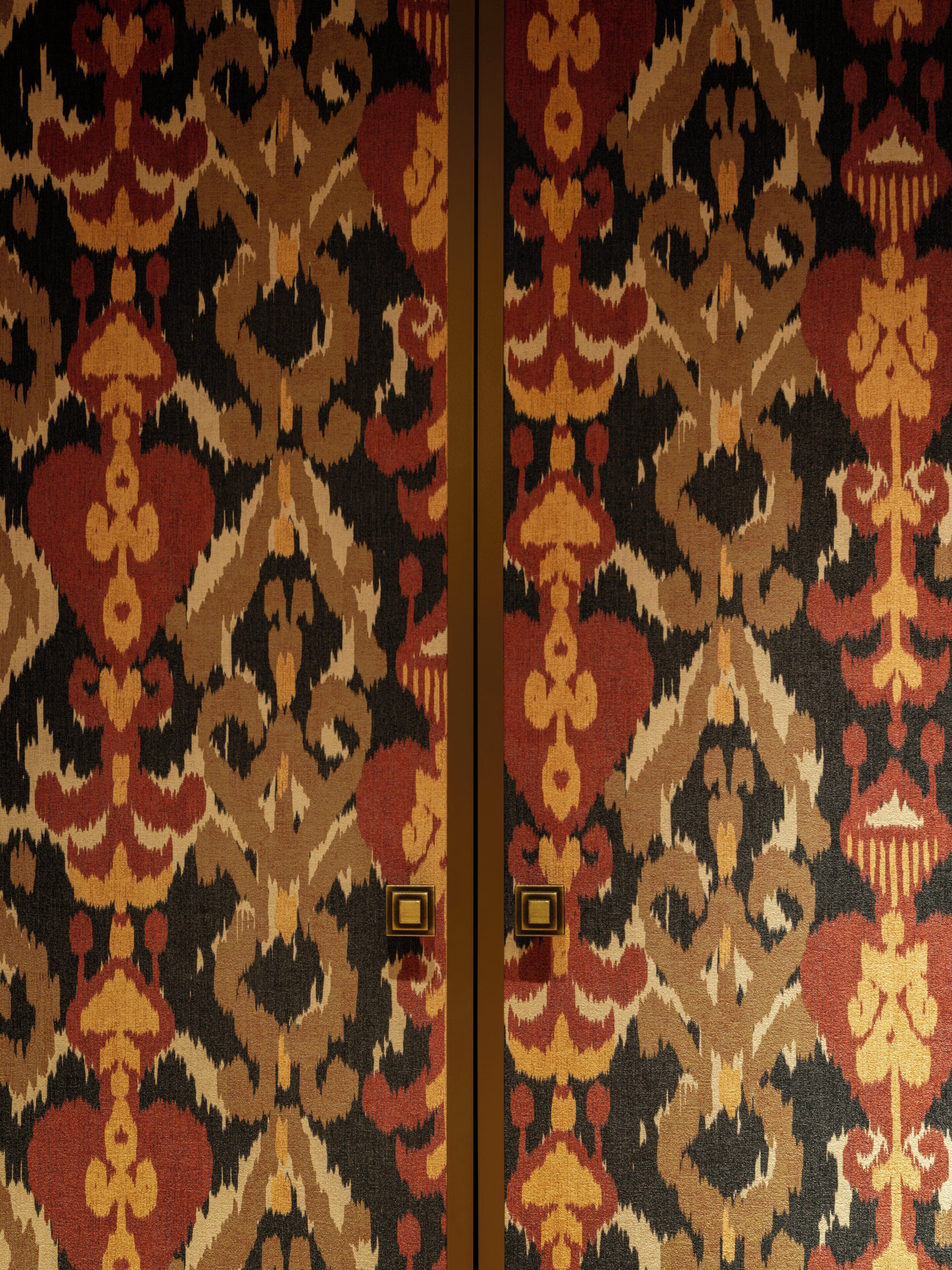 A patterned fabric with symmetrical designs.