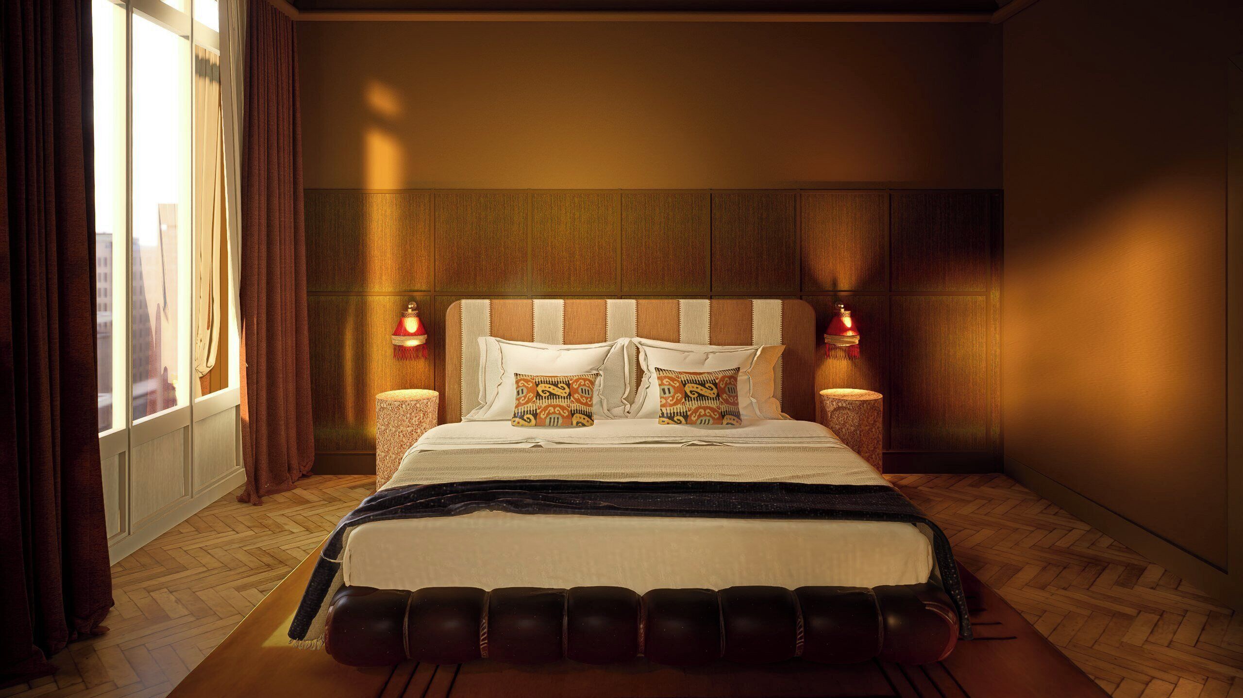 A bedroom with a large bed, two bedside lamps, a window with curtains, and a wooden floor.