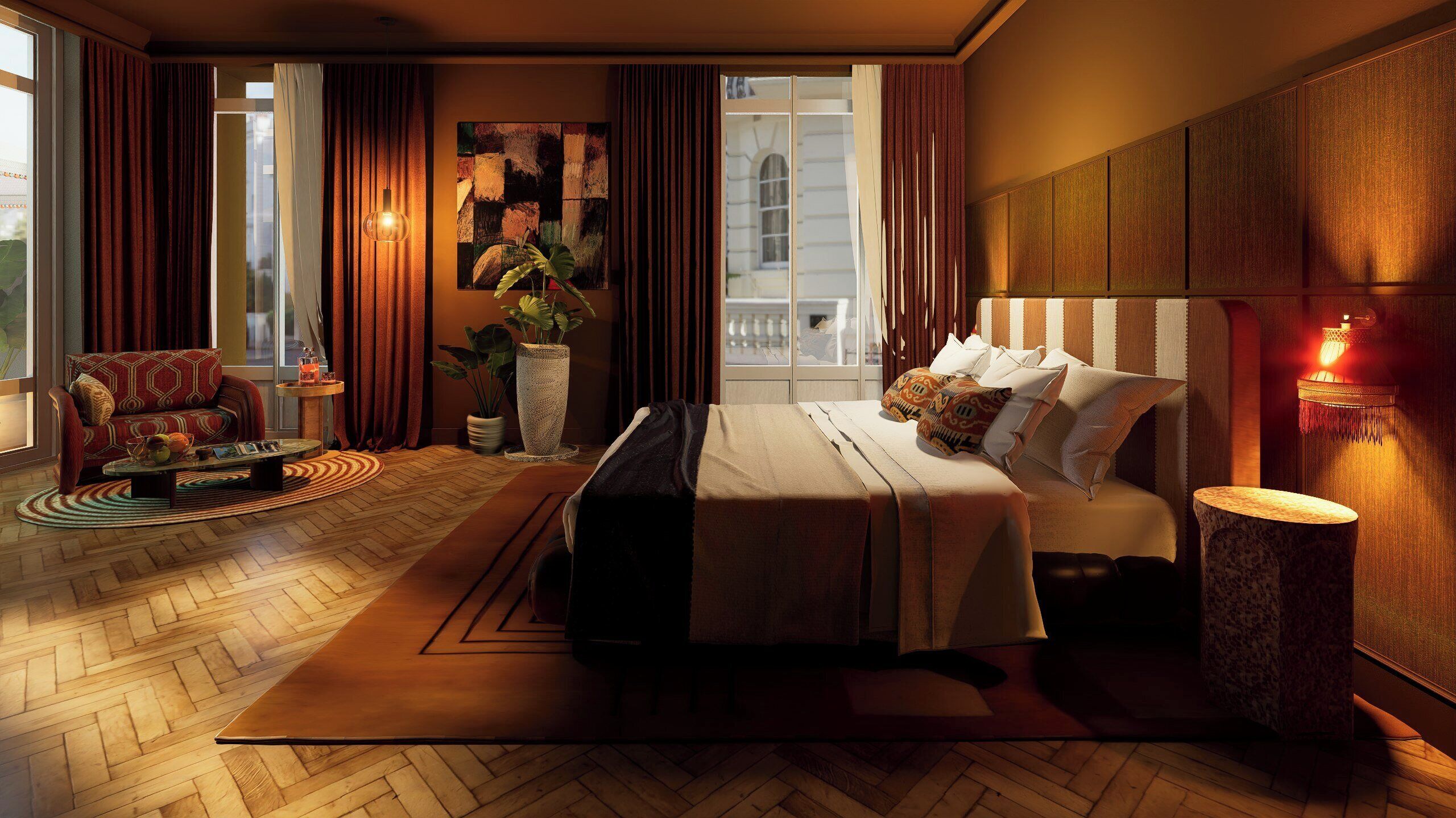 埃及棉床单、高档床上用品、迷你吧、客房内保险箱