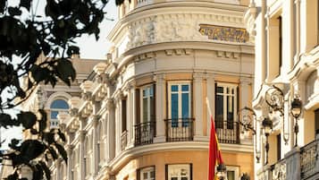 A multi-story building with ornate balconies and a flag.