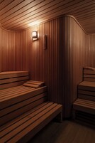 A sauna with wooden benches and a wall-mounted light fixture.