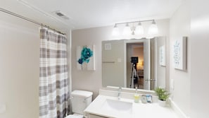 Hair dryer, towels, soap, shampoo