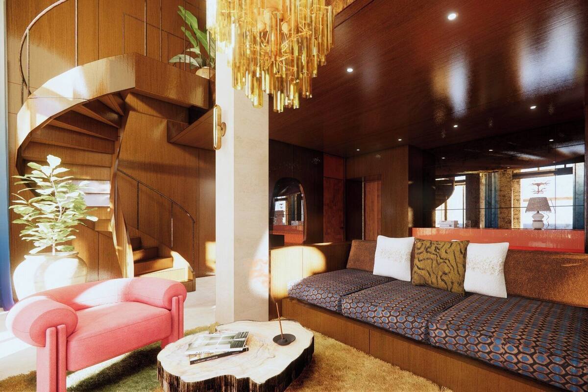 A modern interior with a spiral staircase, a sofa set, and a coffee table.