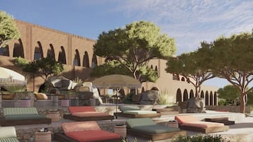 Seasonal outdoor pool, pool umbrellas, pool loungers