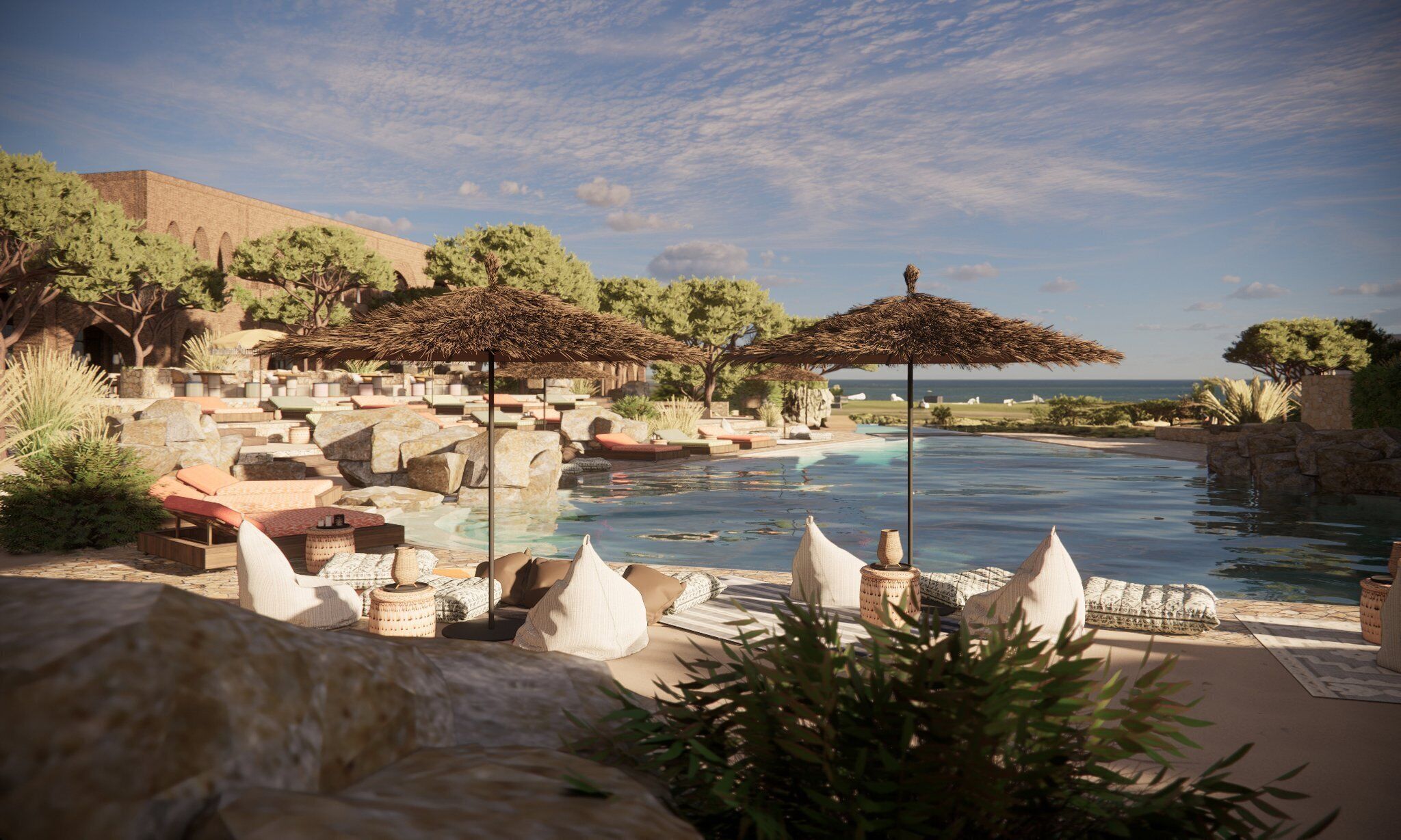 Seasonal outdoor pool, pool umbrellas, pool loungers