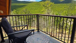 A balcony with a view of a forested mountain range.