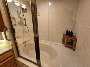 Hair dryer, bidet, towels, soap