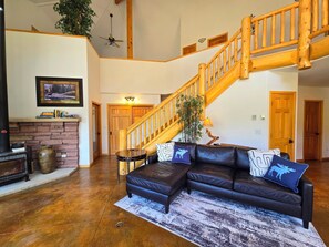 Smart TV, fireplace, DVD player, foosball