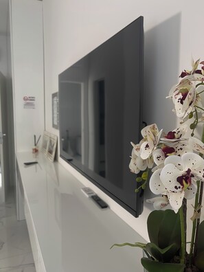 A flat-screen TV mounted on a white wall, with a potted orchid plant to the right. - Alissa Suite (Rome)