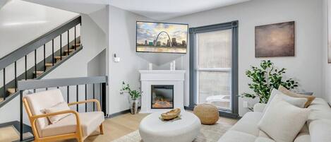 Smart TV, fireplace, books