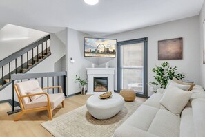 Smart TV, fireplace, books