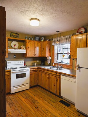 Een microgolfoven, een oven, een kookplaat, een vaatwasser