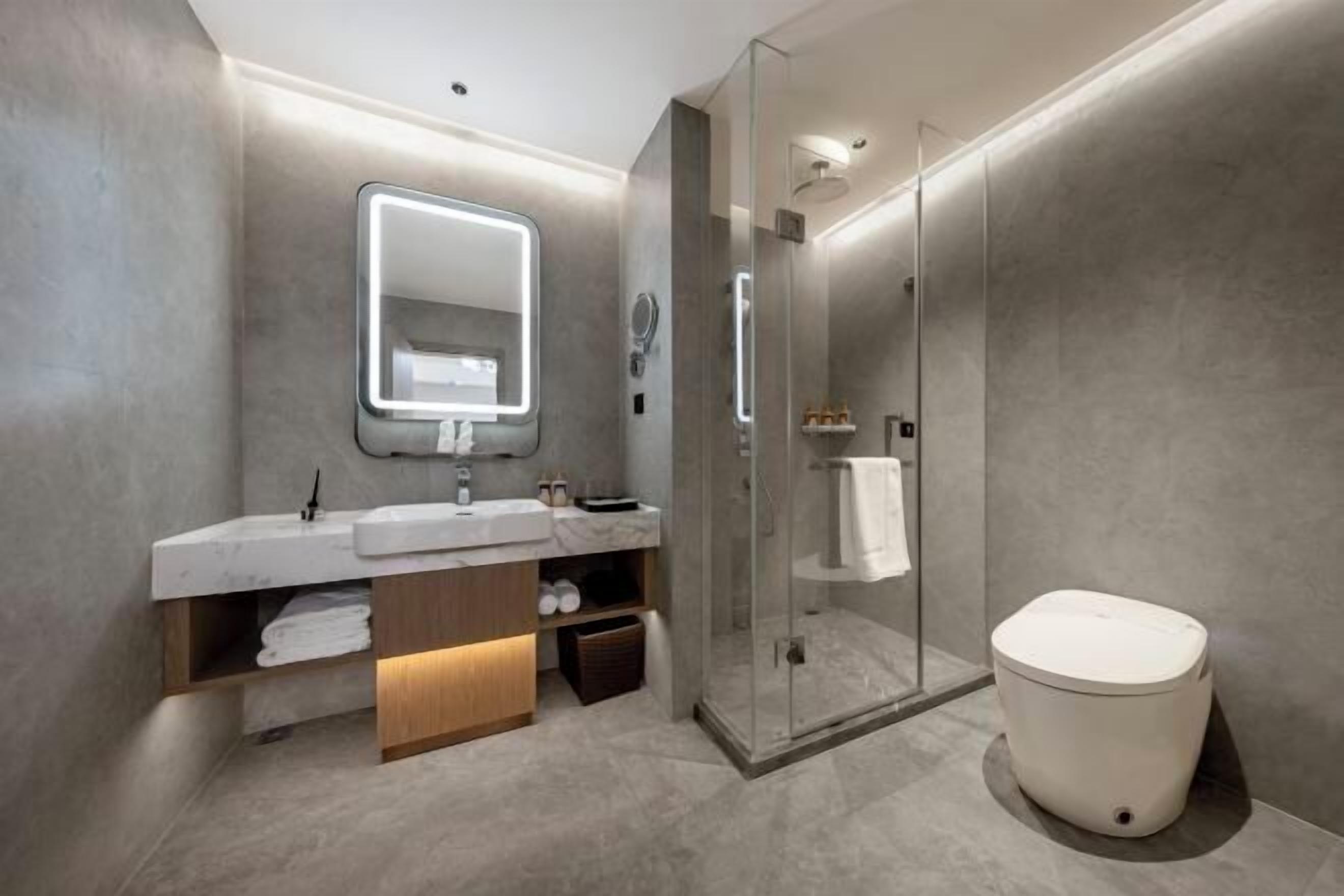 A modern bathroom with a glass-enclosed shower, a large mirror, and a white toilet.