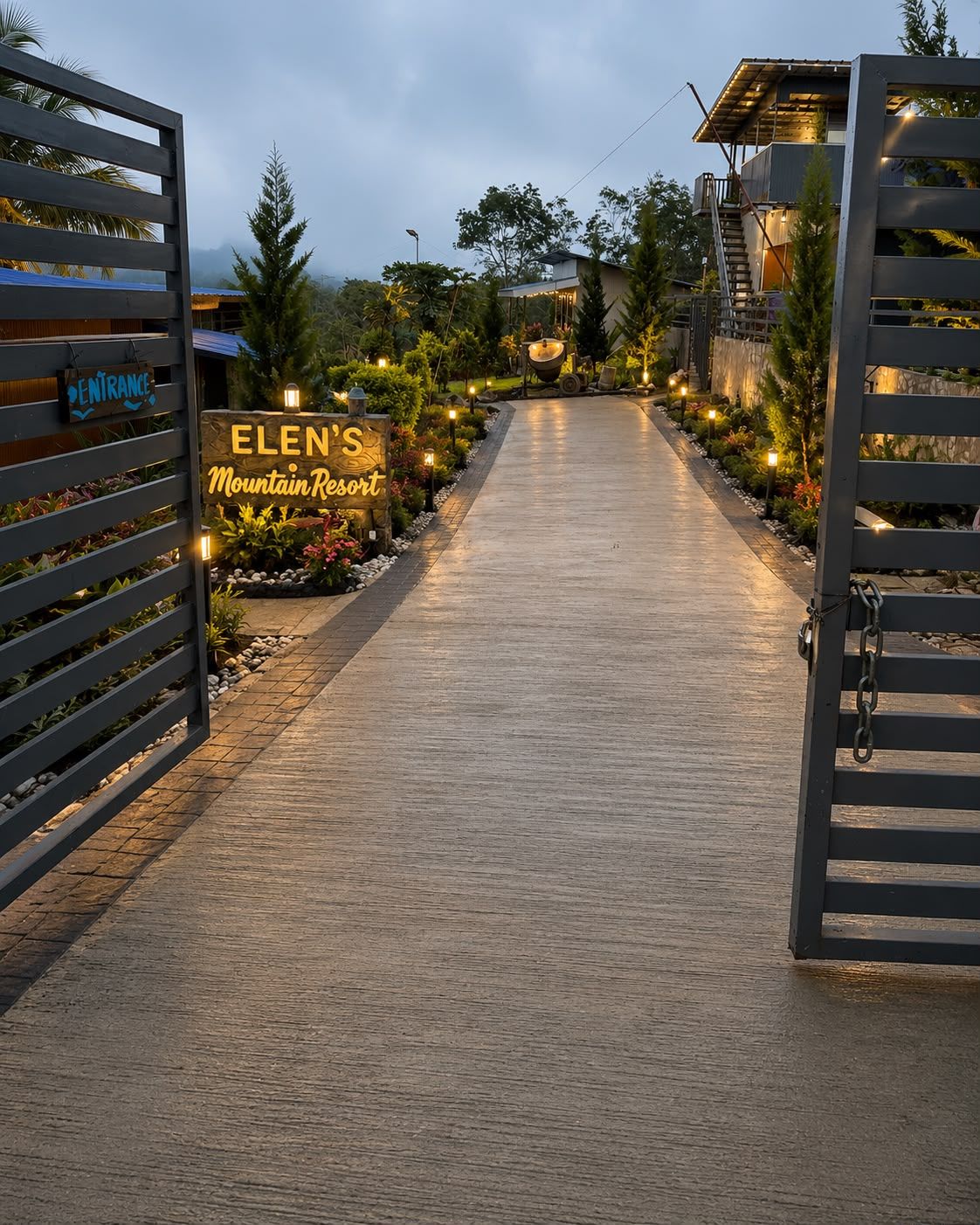A pathway leading to a resort entrance with a sign reading 'ELEN'S Mountain Resort.'