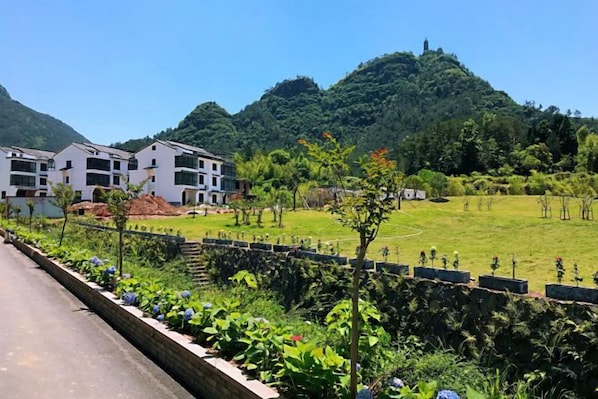 A residential area with modern buildings, a well-maintained lawn, and a mountain backdrop.