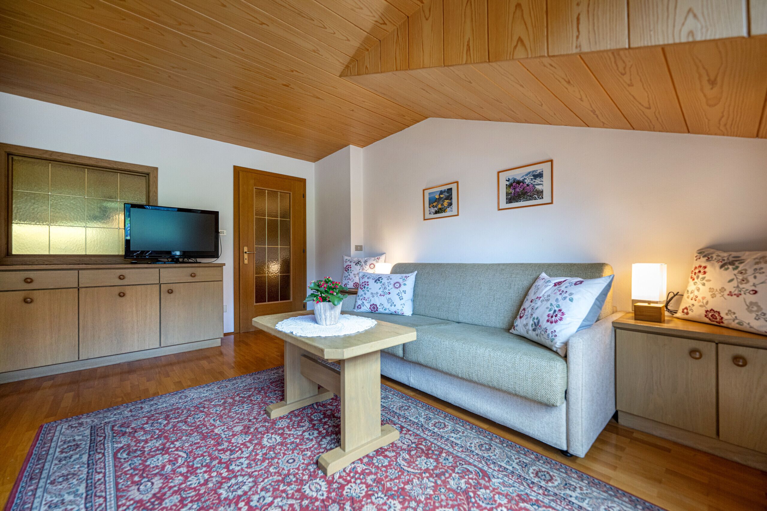 Una sala de estar acogedora con un sofá, un televisor sobre un mueble de madera, una mesita con una planta y una alfombra estampada.