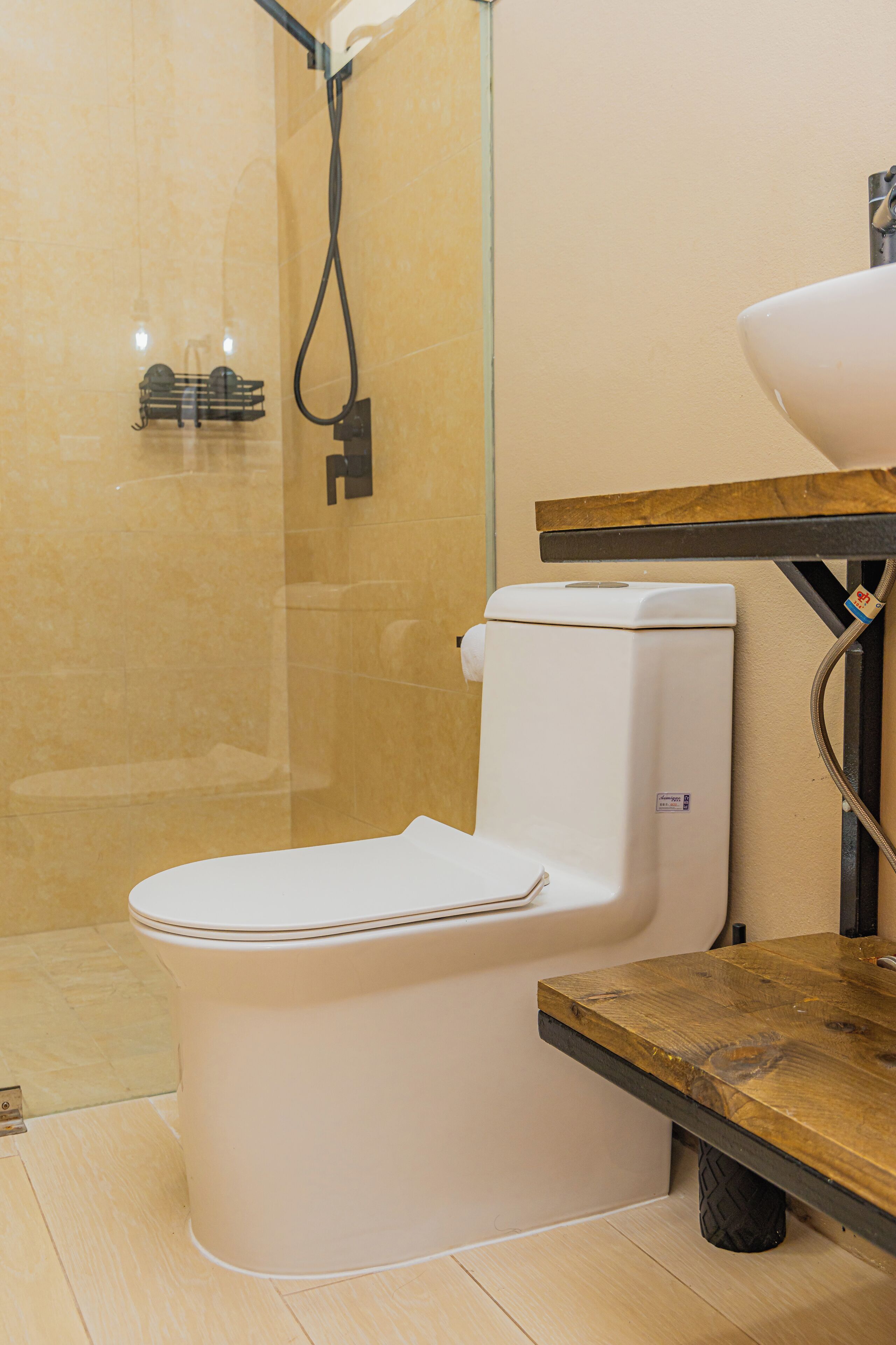 Een moderne badkamer met toilet, douche en wastafel.