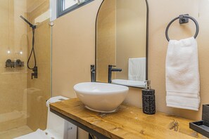 Shower, hair dryer, towels, toilet paper