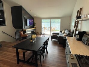 Smart TV, fireplace, books