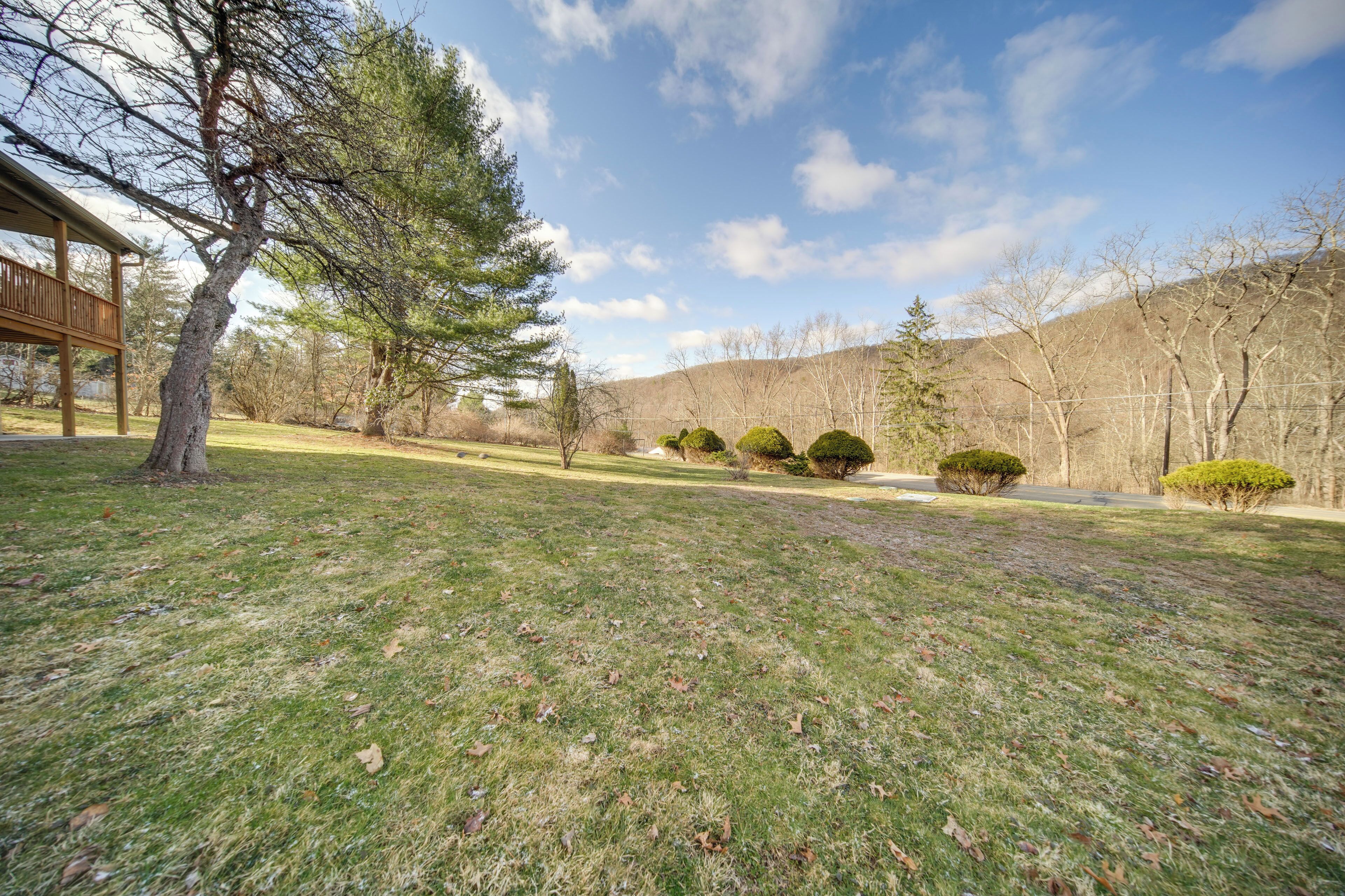 A grassy area with a wooden deck, a large tree, and a hill in the background.