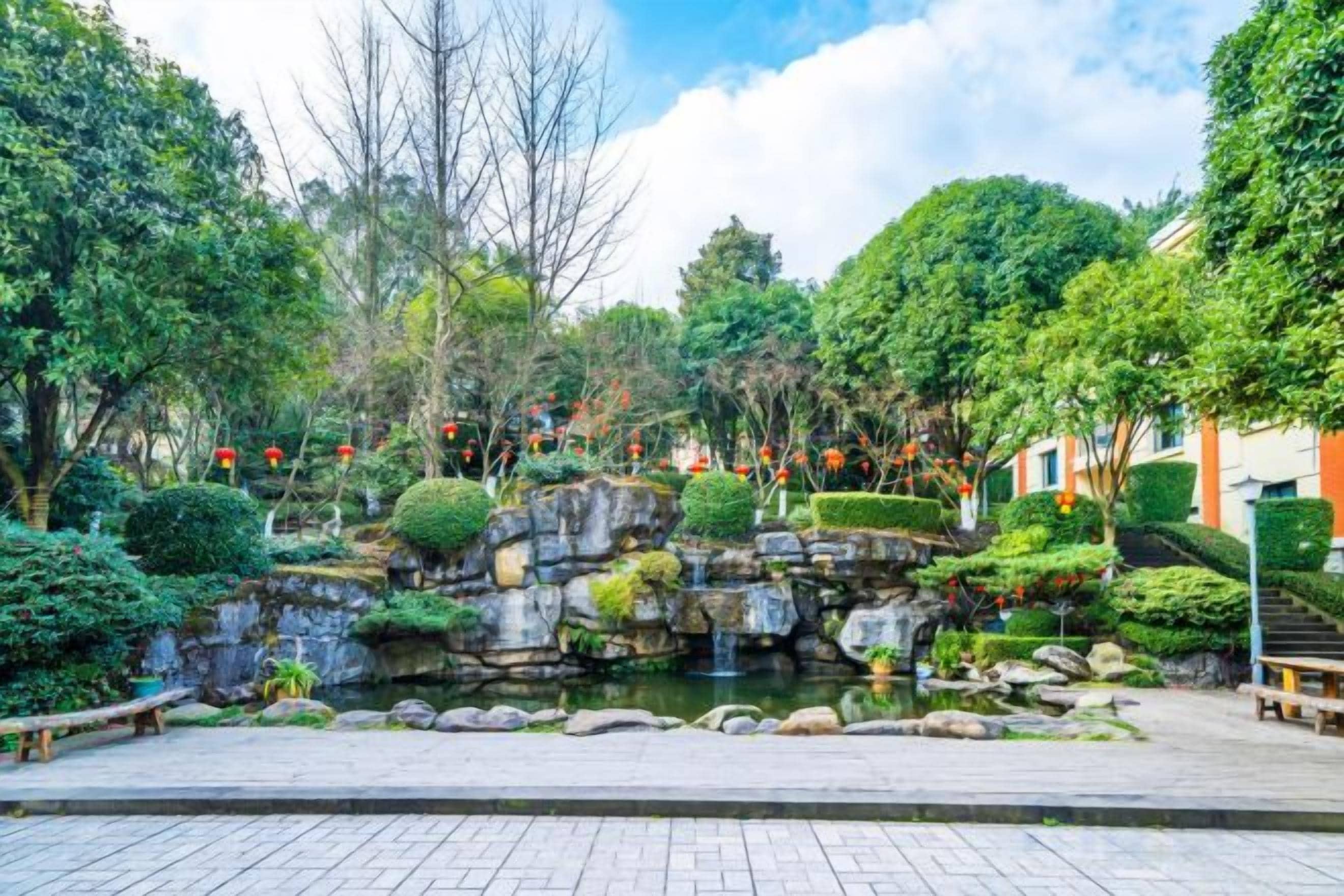 Un jardín ajardinado con un estanque, bancos y diversas especies de árboles y arbustos.