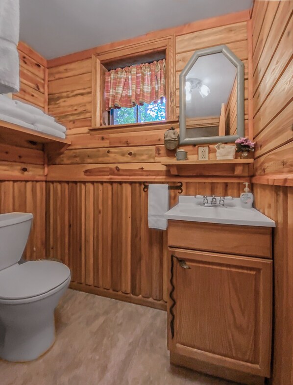 Un baño de estilo cabaña de madera con inodoro, lavamanos y espejo.