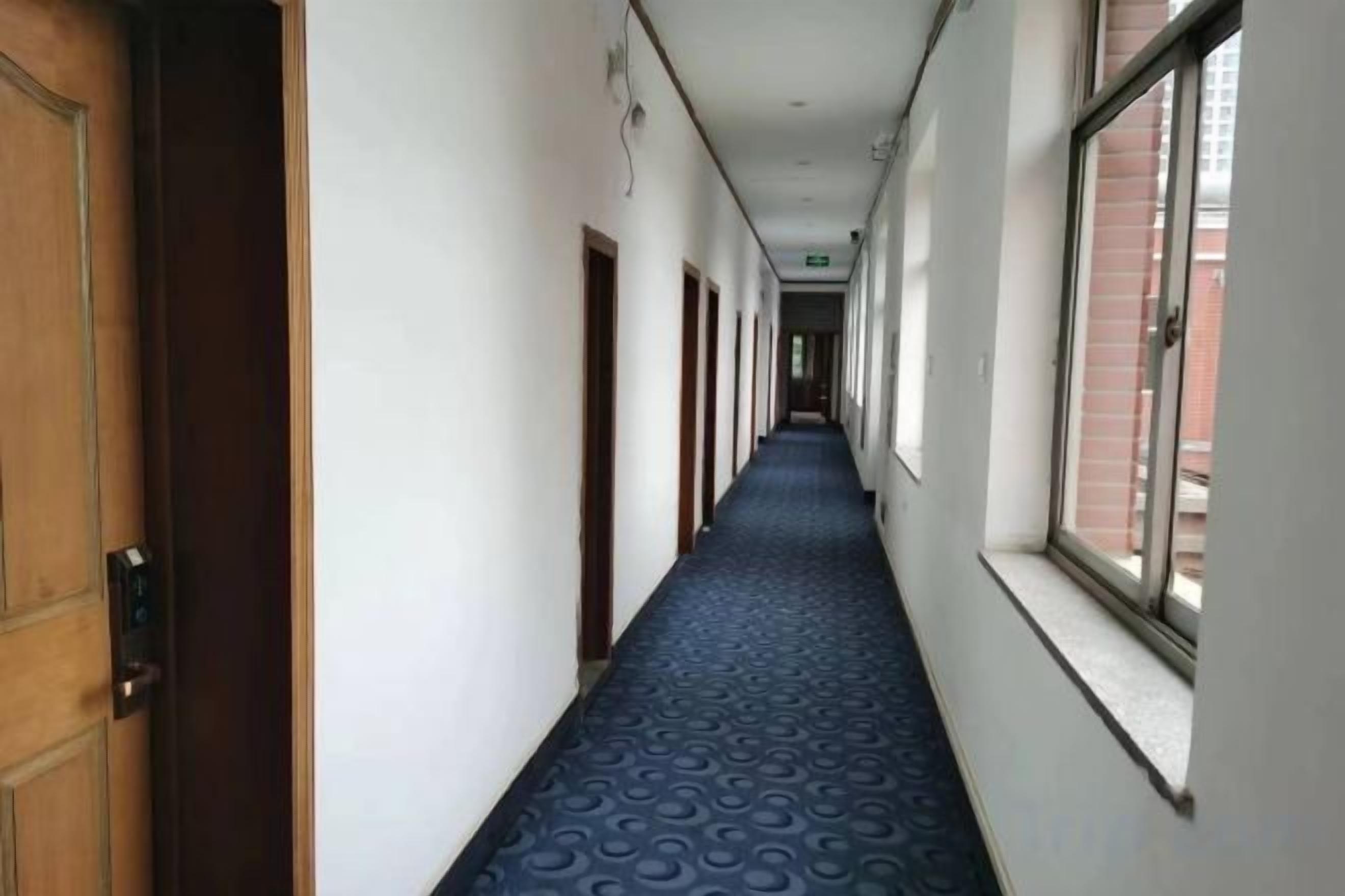 A hotel corridor with a patterned carpet, wooden doors, and windows along the walls.