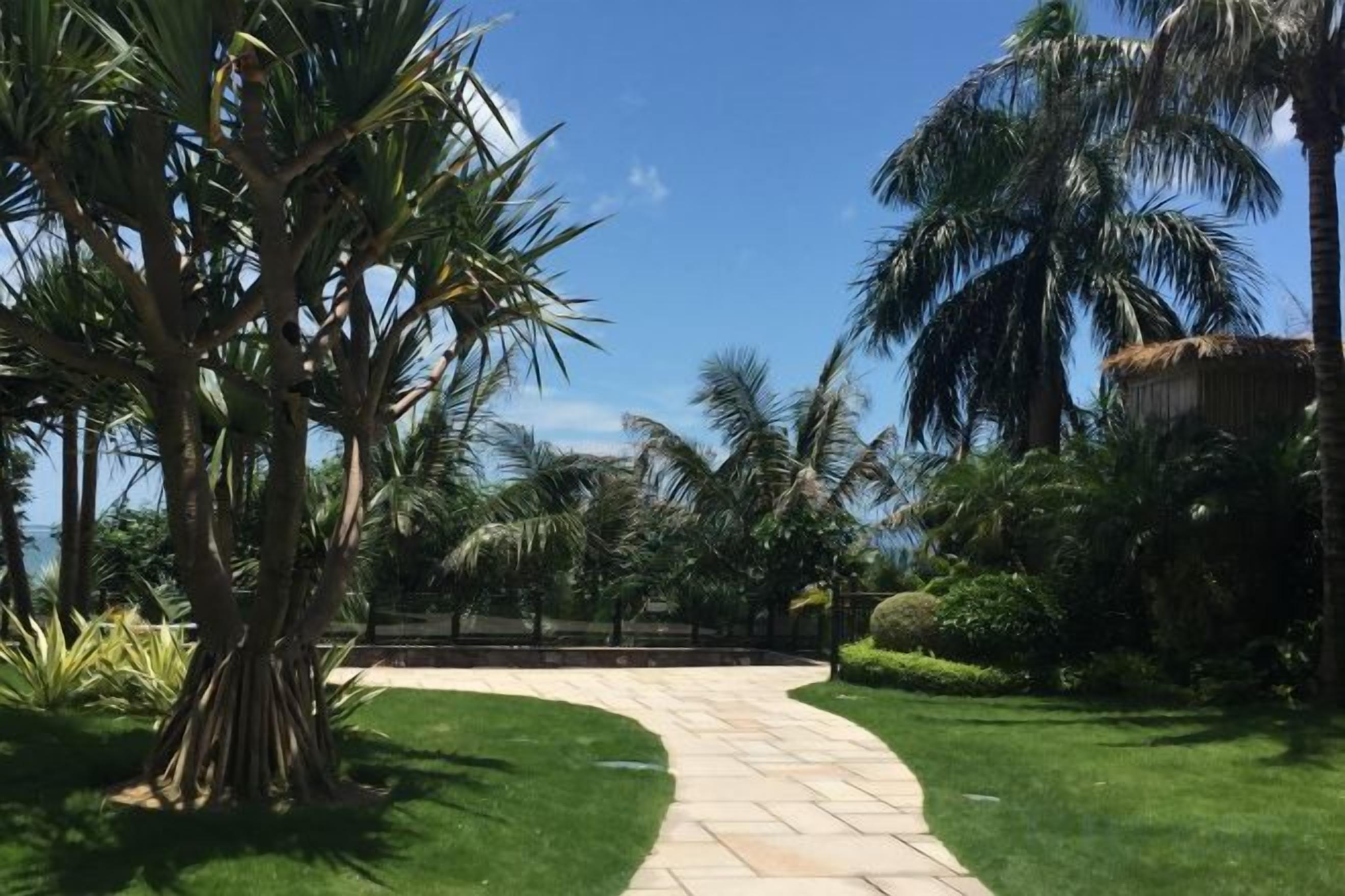 A paved pathway leading through a well-maintained garden with palm trees and a clear sky.