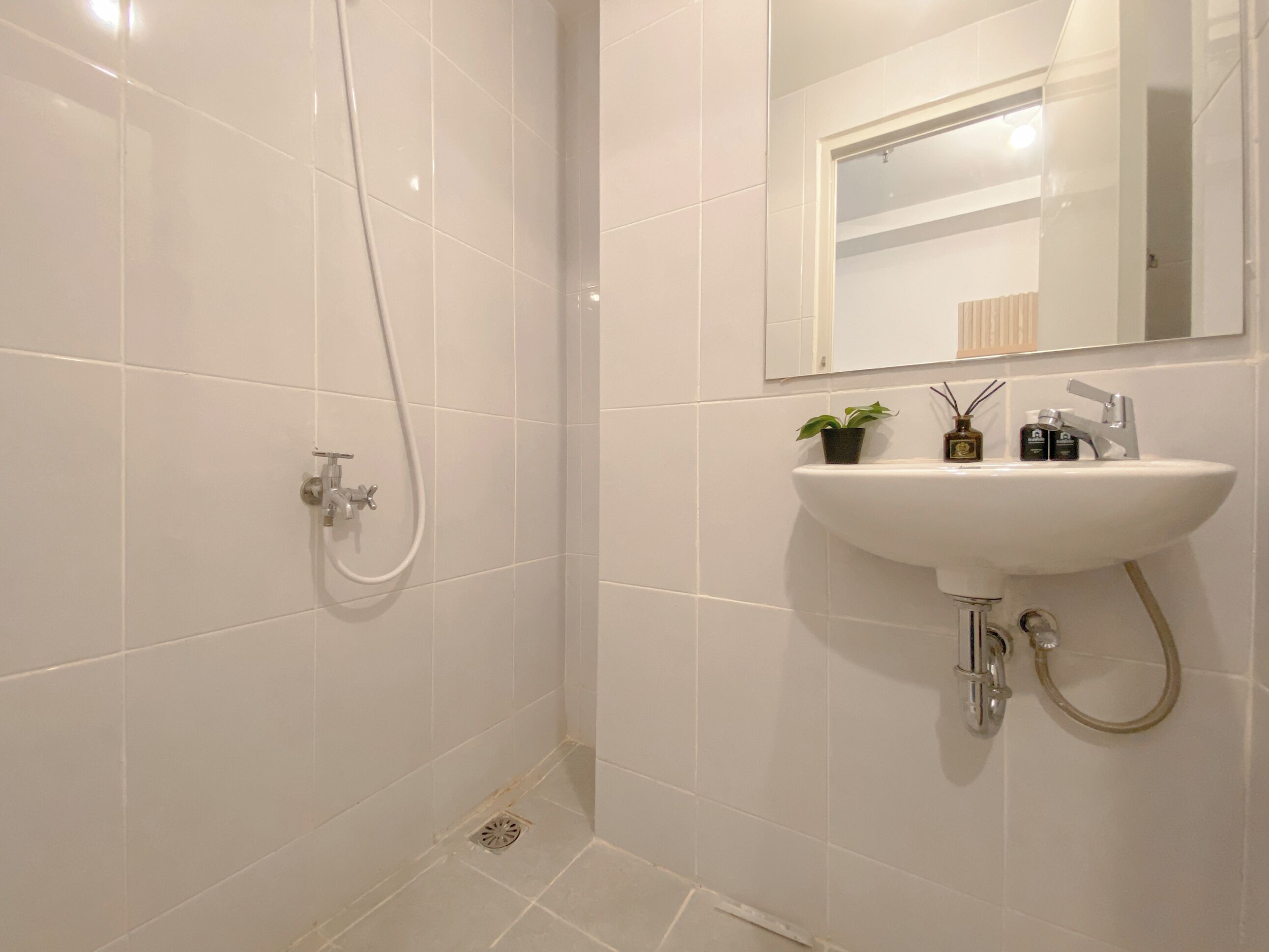 A bathroom with white tiles, a sink with a mirror above it, a shower with a handheld showerhead, and a small plant on the sink.