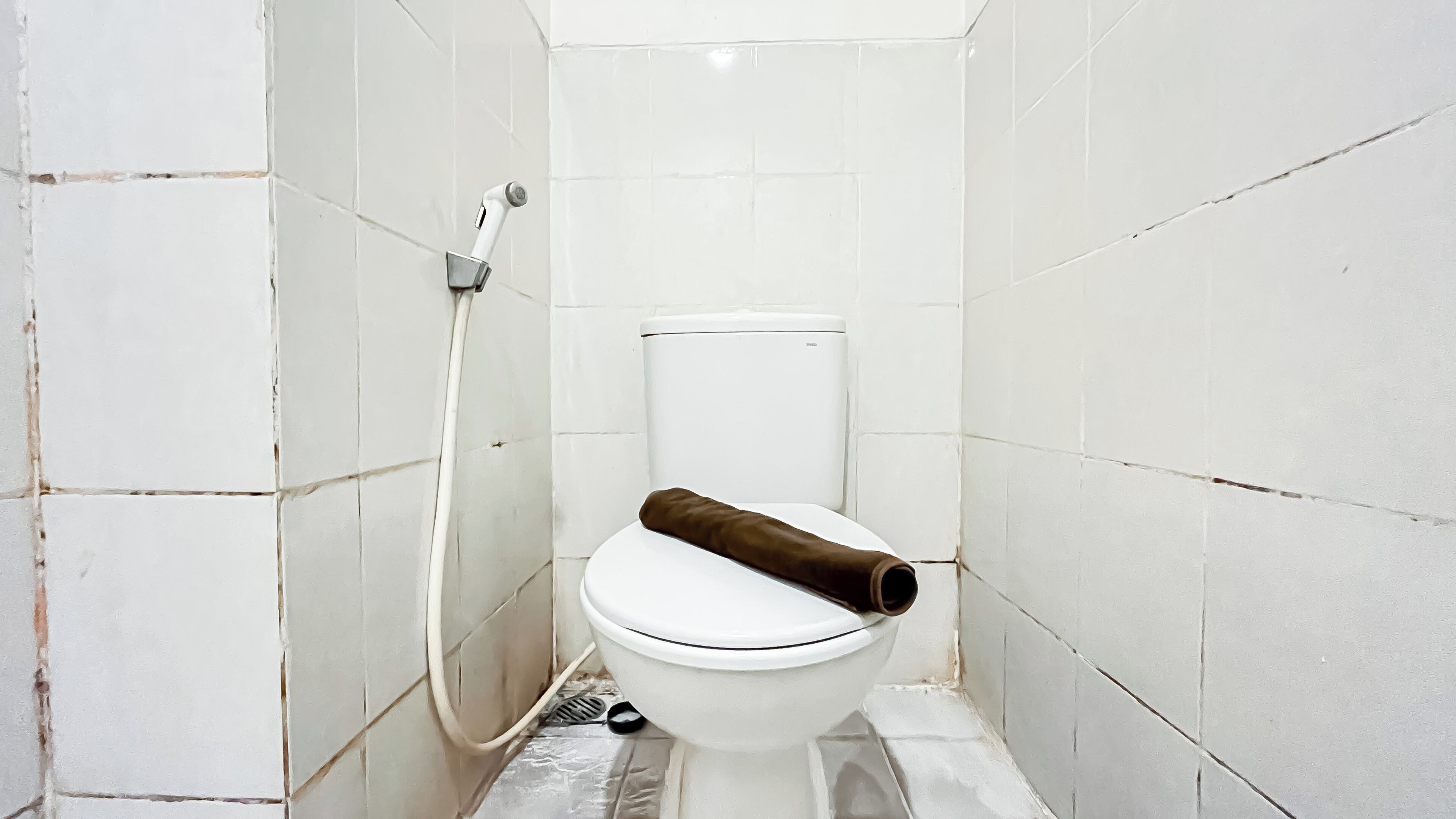 Eine kleine, weiße Toilette mit an der Spülkiste befestigter brauner Leitung, in einem gefliesten Badezimmer.