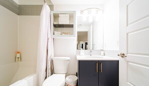 Hair dryer, towels, soap, shampoo