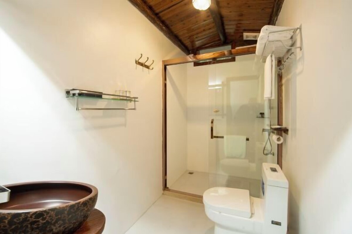Een badkamer met een douchecabine van glas, een wit toilet en een groot keramieken wastafel.