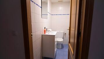 A small bathroom with a toilet, sink, and mirror.