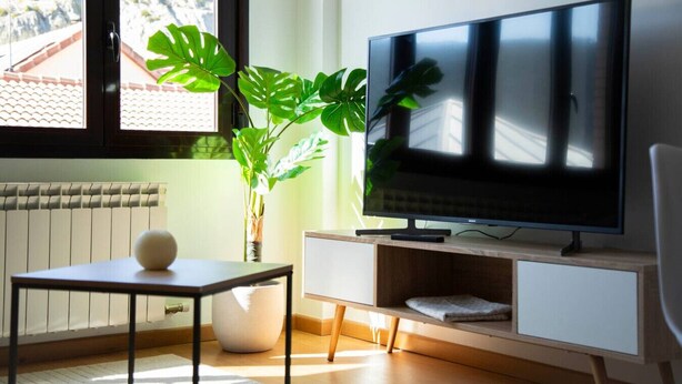 Un salon moderne doté d’un téléviseur à écran plat, de meubles en bois, d’une plante en pot et offrant une vue sur l’extérieur.