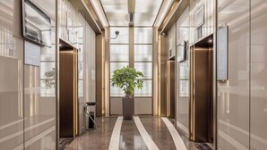A modern hallway with elevators, a potted plant, and a clean, reflective floor.