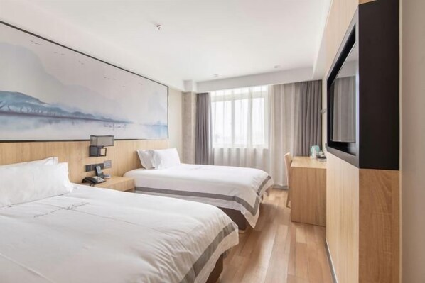 A hotel room with two beds, a large painting, a TV, and a view of a bridge. - Qingmu Hotel (Nanjing Xinzhuang Metro Station) (Nanjing)