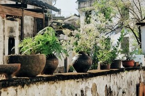 A row of potted plants on a balcony with a rustic wall and traditional architecture in the background. - Xiaotaoyuan Inn (Wuyuan)