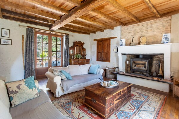 Télévision, cheminée, lecteur de DVD, chaîne hi-fi