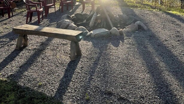 A forested area with a gravel path, picnic tables, and a fire pit. - Emily Channel Cabin on the water with ATV trail access from your doorstep! (Emily)