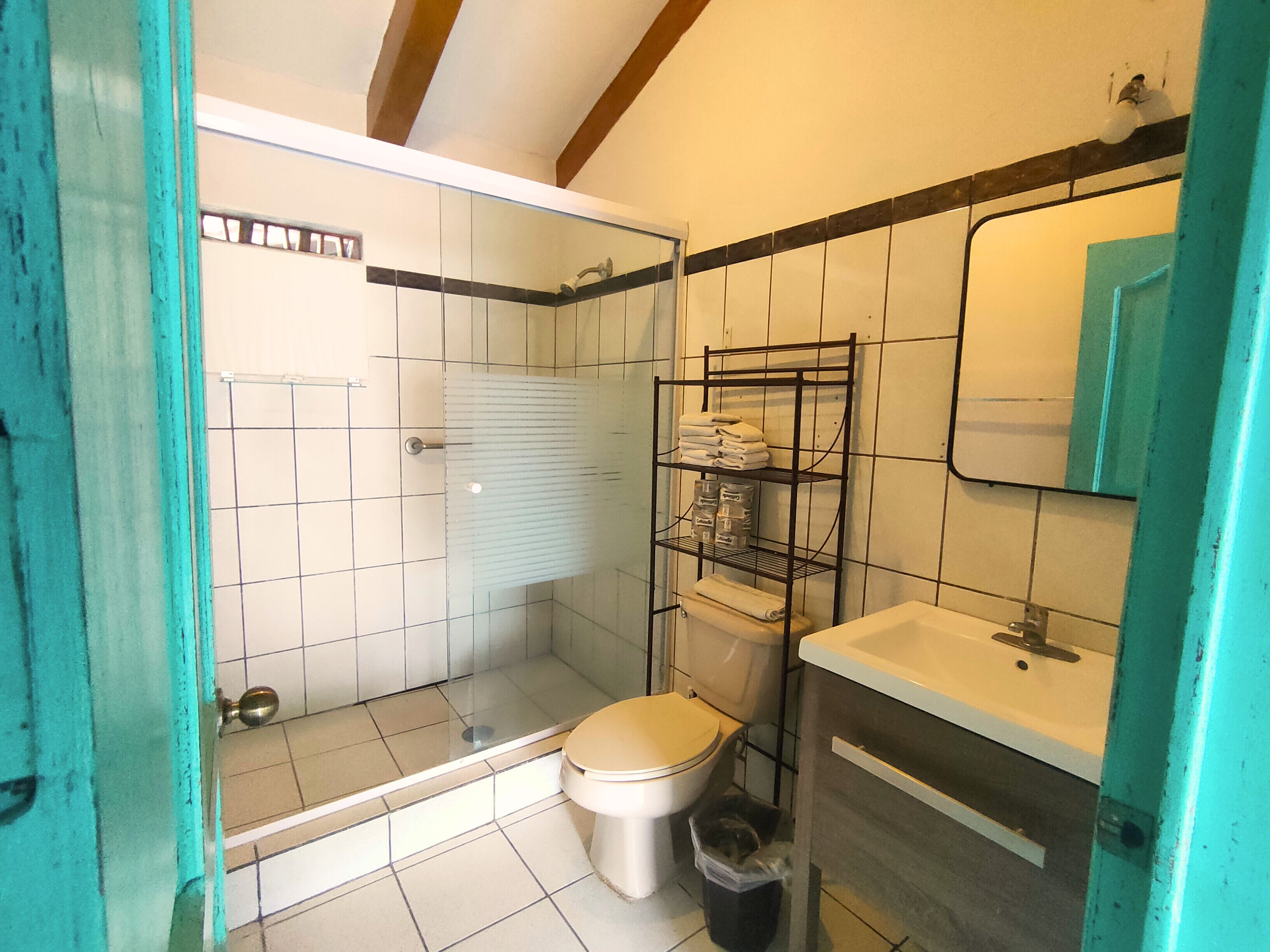 A bathroom with a toilet, a shower, and a sink.