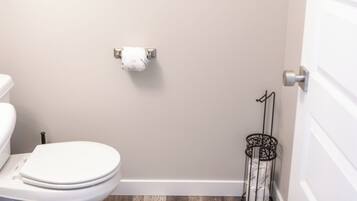 Hair dryer, towels, soap, toilet paper