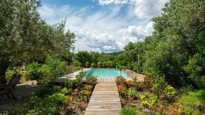 A wooden deck leading to a swimming pool surrounded by lush greenery.