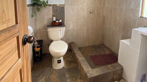 Een badkamer met toilet, douche en een klein raam.