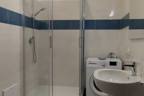 Shower, hair dryer, bidet, towels